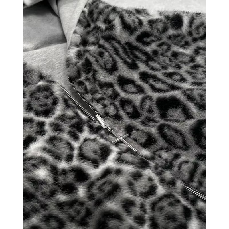 New Two-Sided Clothing Harajuku Retro Leopard Print Fashionable Loose Zipper Hoodie Men Street Hip-Hop Casual Sweatshirt Women