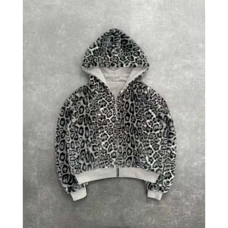 New Two-Sided Clothing Harajuku Retro Leopard Print Fashionable Loose Zipper Hoodie Men Street Hip-Hop Casual Sweatshirt Women