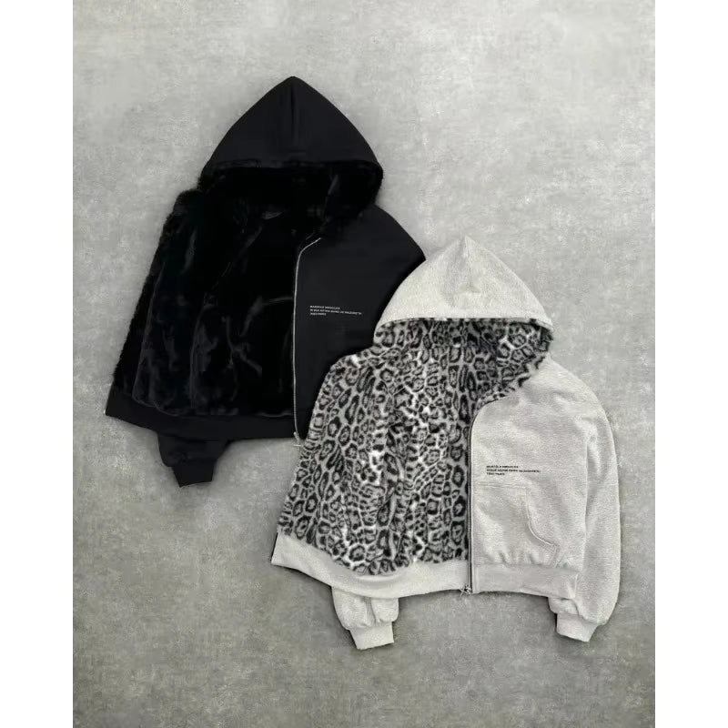 New Two-Sided Clothing Harajuku Retro Leopard Print Fashionable Loose Zipper Hoodie Men Street Hip-Hop Casual Sweatshirt Women