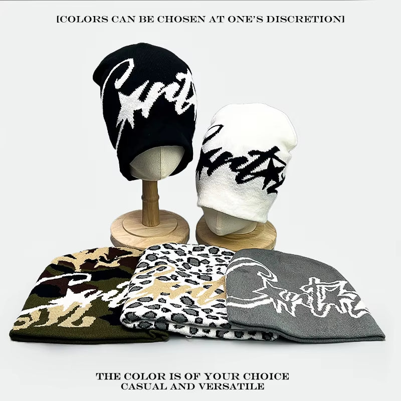 American Street Leopard Print Jacquard Letters Star Knitted Hats Warm Camo Men Women Fashion Personal Versatile Beanies Hip-Hop